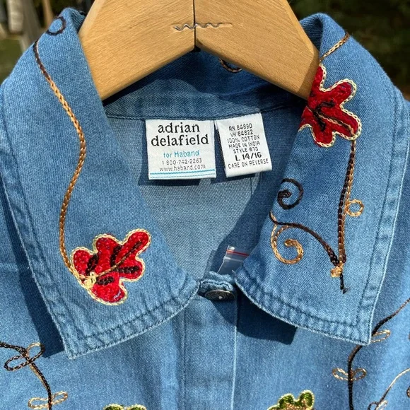 90s Adrian Delafield Embroidered Denim Button-Up Shirt Blouse Leaves Fall Fairy - Picture 2 of 14